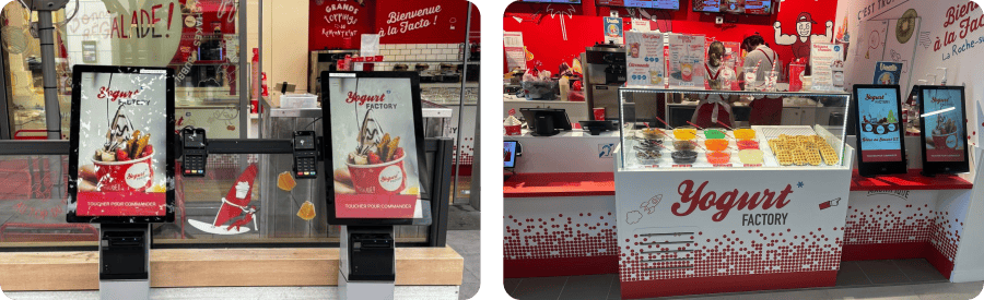 Bornes de commande installées sur pied et sur comptoir dans des corners Yogurt Factory