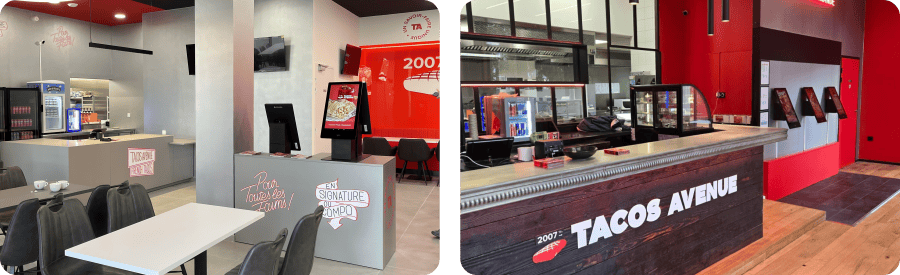 Exemples d'installation de bornes de commande sur comptoir et murale chez Tacos Avenue