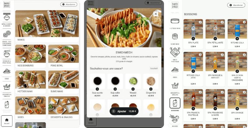 Menu des bornes de commande personnalisé aux couleurs et à l'image de l'enseigne MAKI MAKI