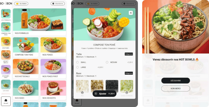 Exemples d'écrans du menu personnalisé chez Bohebon