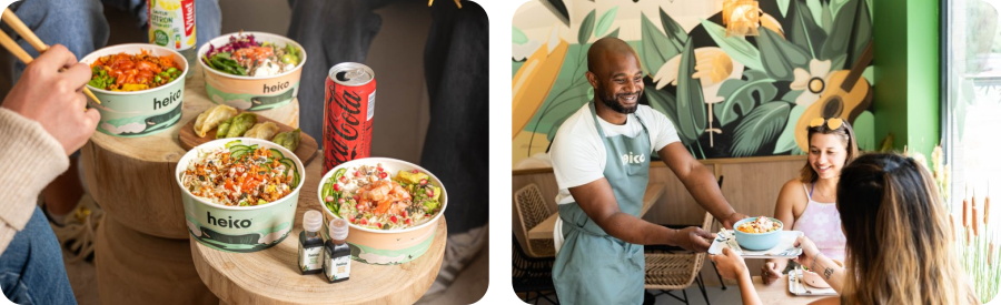 Poké bowl gourmands et généreux servis chez Heiko, et un serveur souriant qui apporte la commande de deux clientes