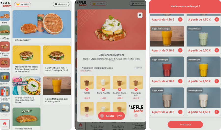Menu personnalisé aux couleurs de Waffle Factory sur les bornes de commande Tabesto