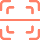 Icon of an orange QR code scanner with four corner brackets and a horizontal bar.