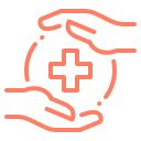 Two orange hands surrounding a medical cross symbol representing health protection.