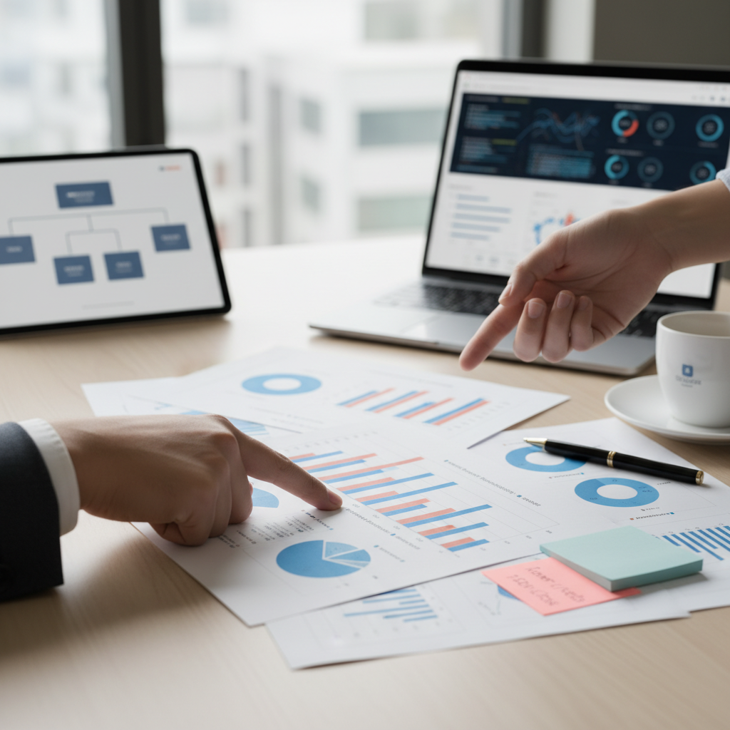 Two hands pointing at printed charts and graphs on a desk with a laptop, tablet, pen, and coffee cup in the background.