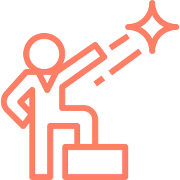Icon of a person standing on a block with one arm raised toward a shining star symbolizing leadership or achievement.