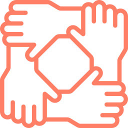 Four orange hands interlocking at the wrists forming a square, symbolizing teamwork and unity.