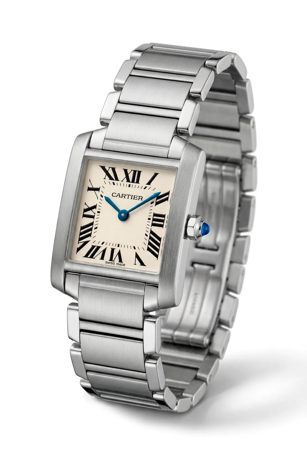 Reloj CARTIER Tank Francés en acero con pulsera integrada, dial blanco con números romanos, relojería alta gama
