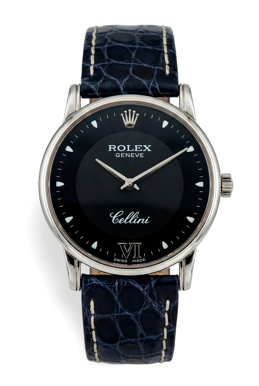 Reloj Rolex Cellini 5116 en oro blanco con dial negro y correa de cuero, vista frontal elegante de relojería de alta gama en Buenos Aires Argentina