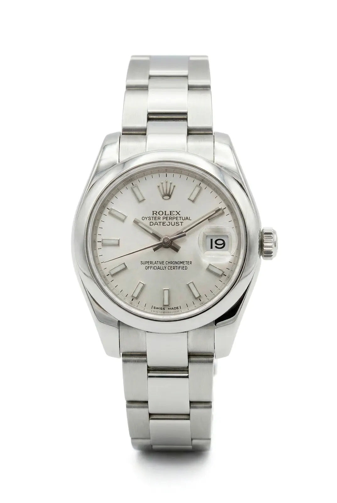 Reloj Rolex Datejust 179160 de acero con dial gris, vista frontal con brazalete Oyster, pieza de alta gama en relojería.