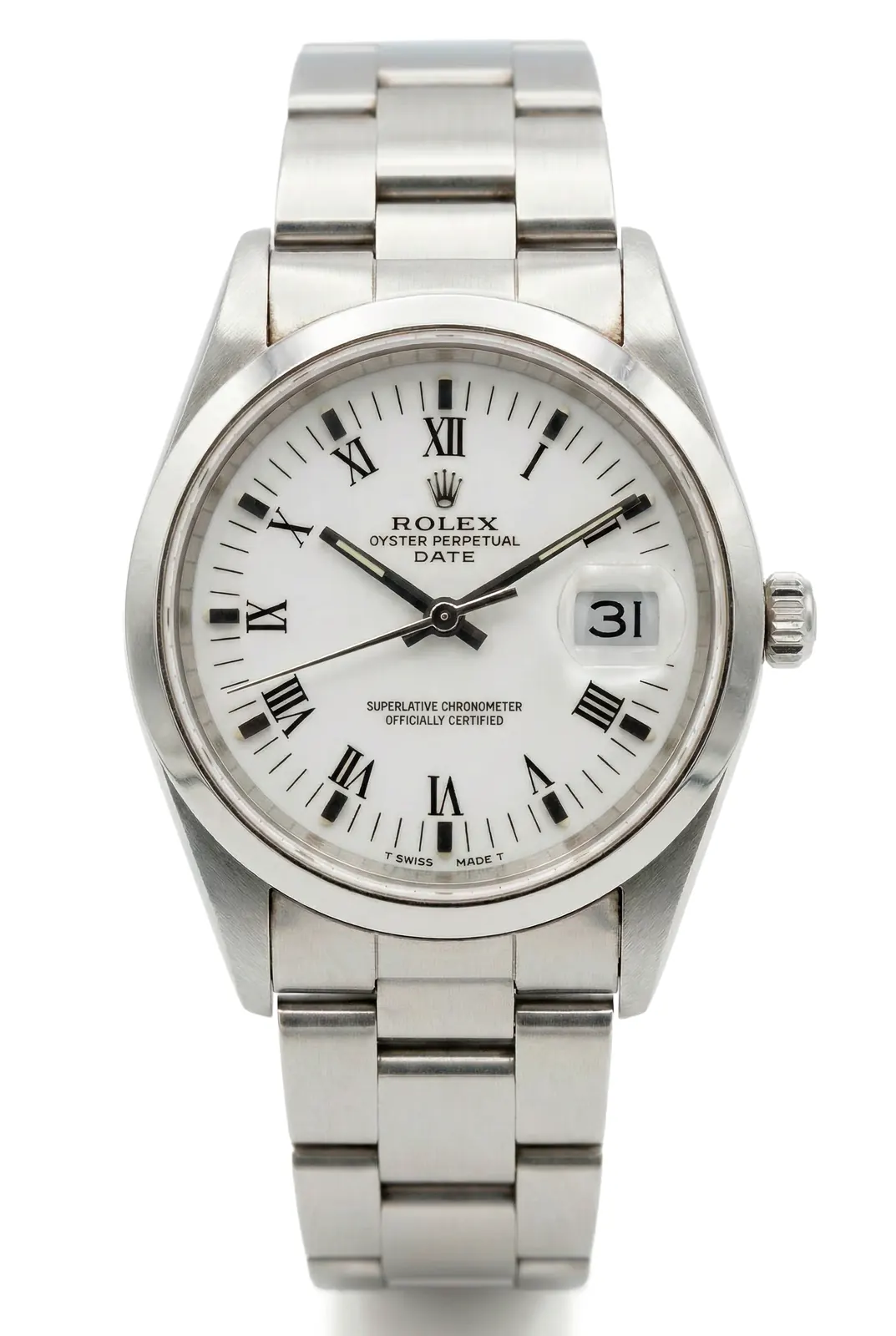 Rolex Date ref. 15210 en acero, vista frontal con dial blanco y números romanos, reloj clásico de alta gama en relojeria