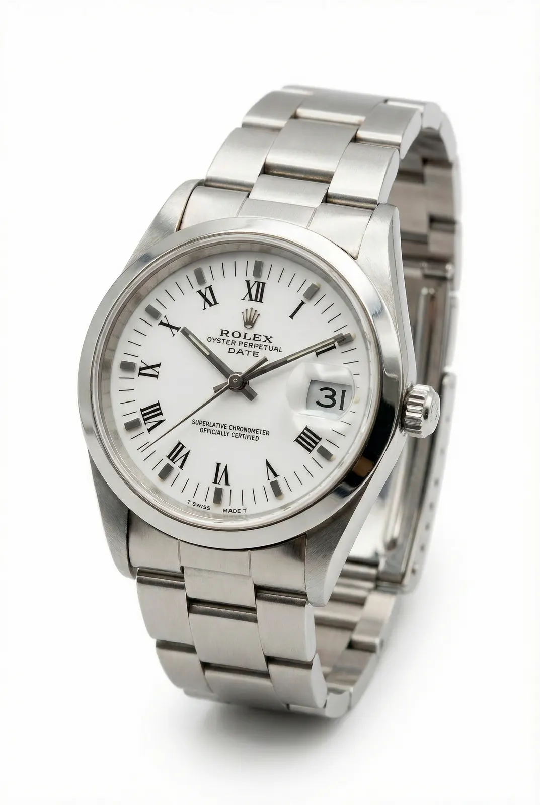 Reloj ROLEX DATE ref. 15210 de acero, dial blanco con números romanos y fechador, vista frontal en relojería de Buenos Aires