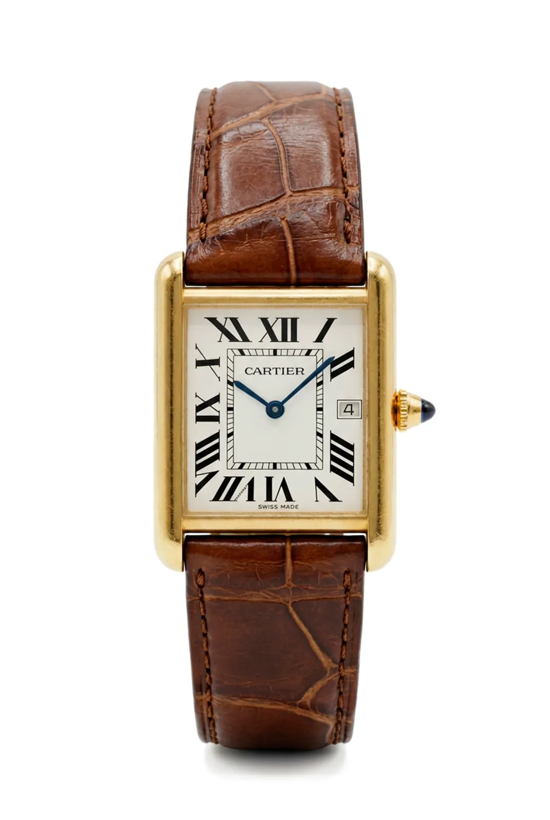 Reloj Cartier Tank Louis W1529756 en oro amarillo, dial blanco y correa de cuero marrón, relojería Buenos Aires