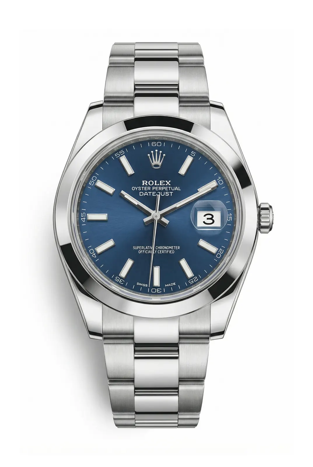 Rolex Datejust 2 116300 con dial azul y brazalete de acero, caja de acero, vista frontal en relojería de alta gama en Buenos Aires