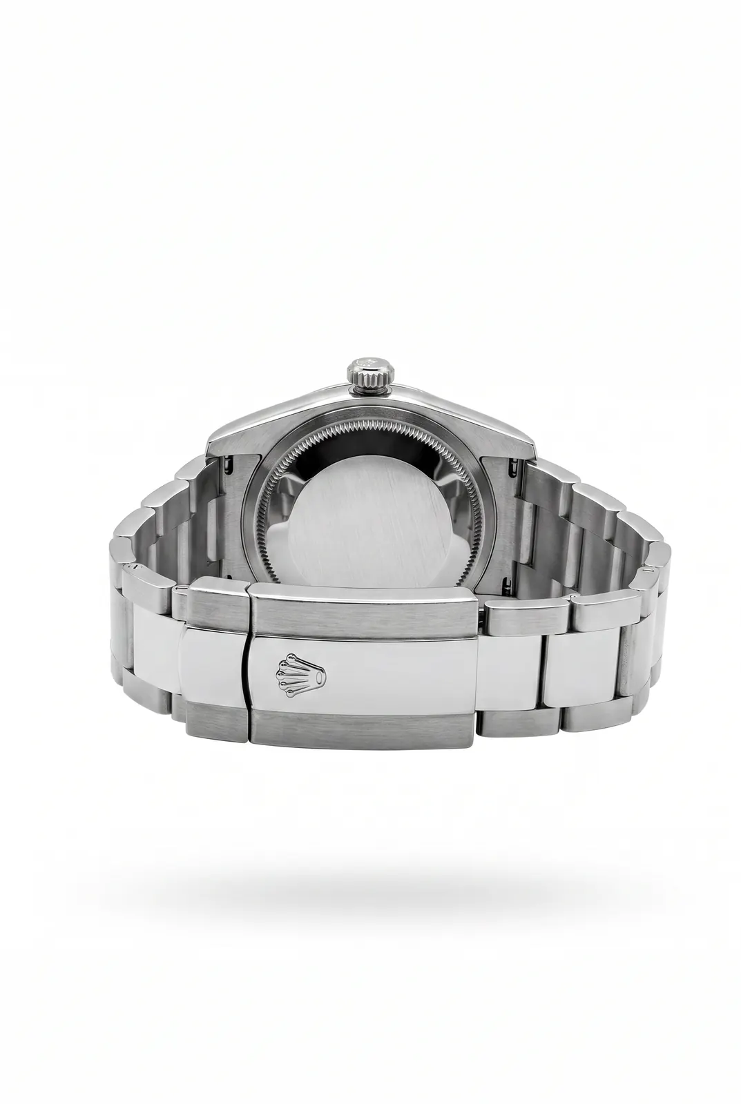 Vista trasera Rolex Datejust 116200 de acero con brazalete Oyster y fondo liso, pieza alta gama en relojeria