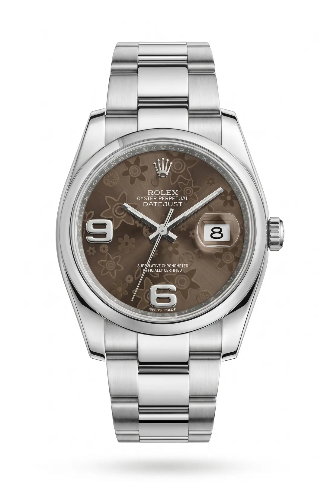 Rolex Datejust 116200 de acero con dial marrón floral y brazalete de acero, elegante reloj de alta gama en relojería Buenos Aires