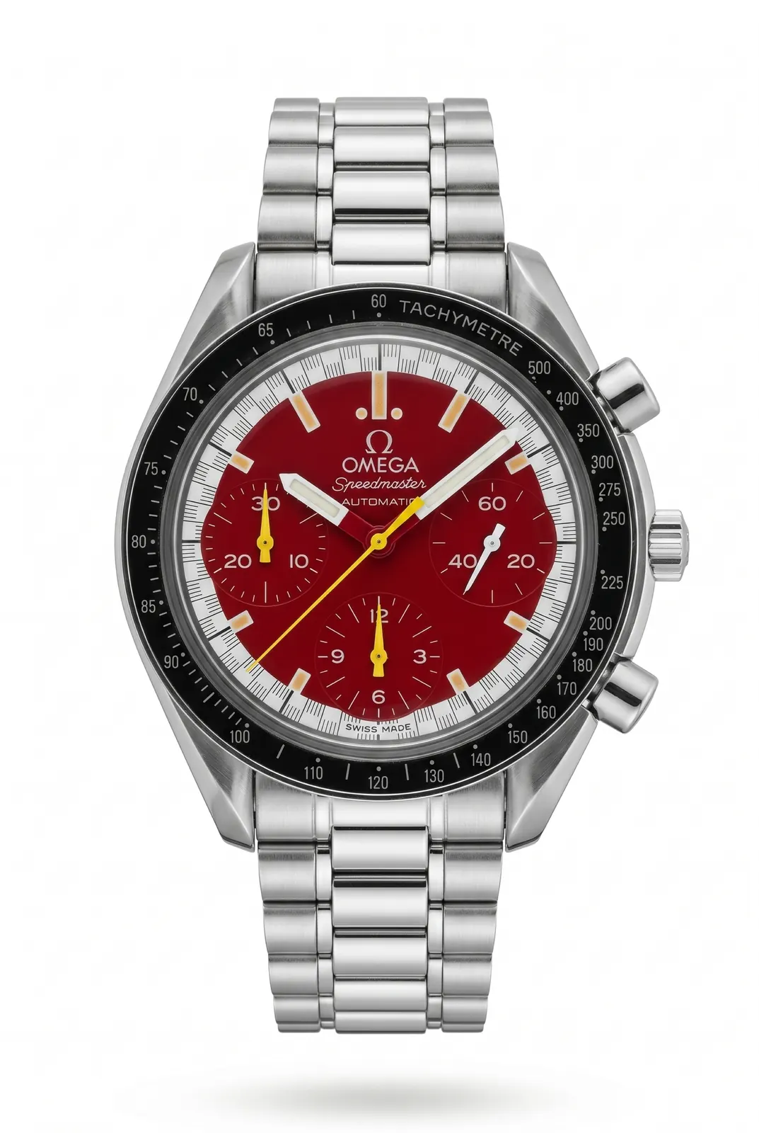 OMEGA Speedmaster Reduced 175.0032.1 con dial rojo y brazalete de acero, cronógrafo de alta gama en relojeria Buenos Aires
