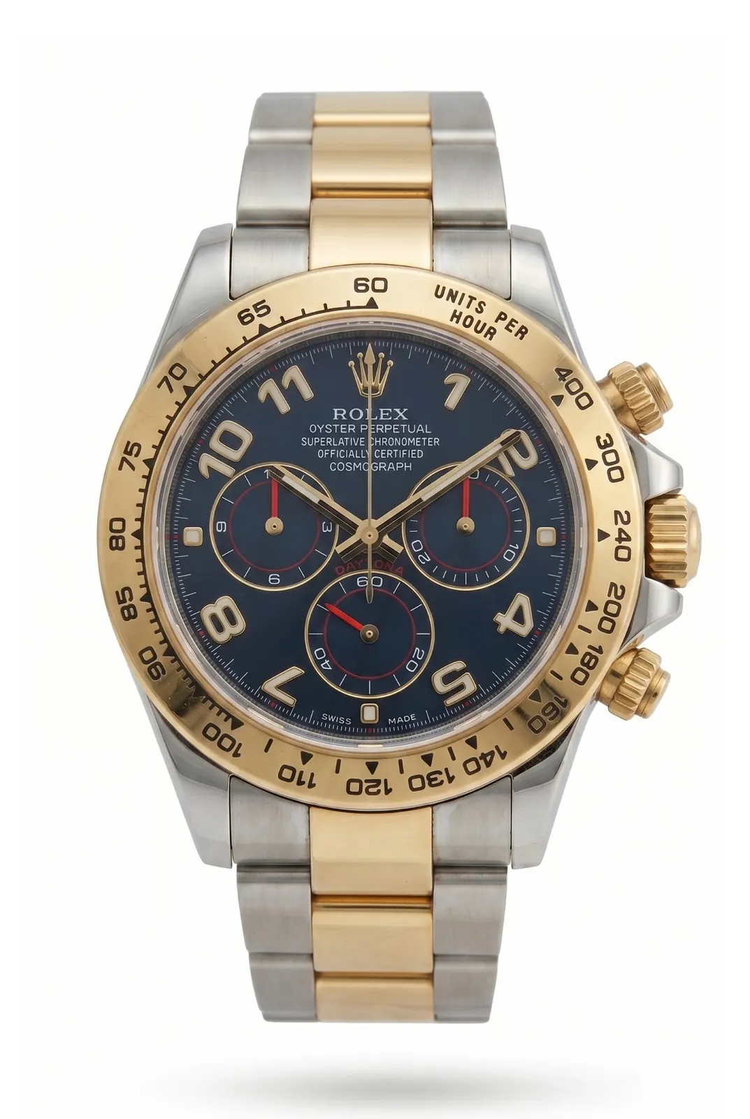 Rolex Daytona 116523 acero y oro amarillo con dial azul y bisel taquimétrico, cronógrafo de alta gama en relojeria argentina