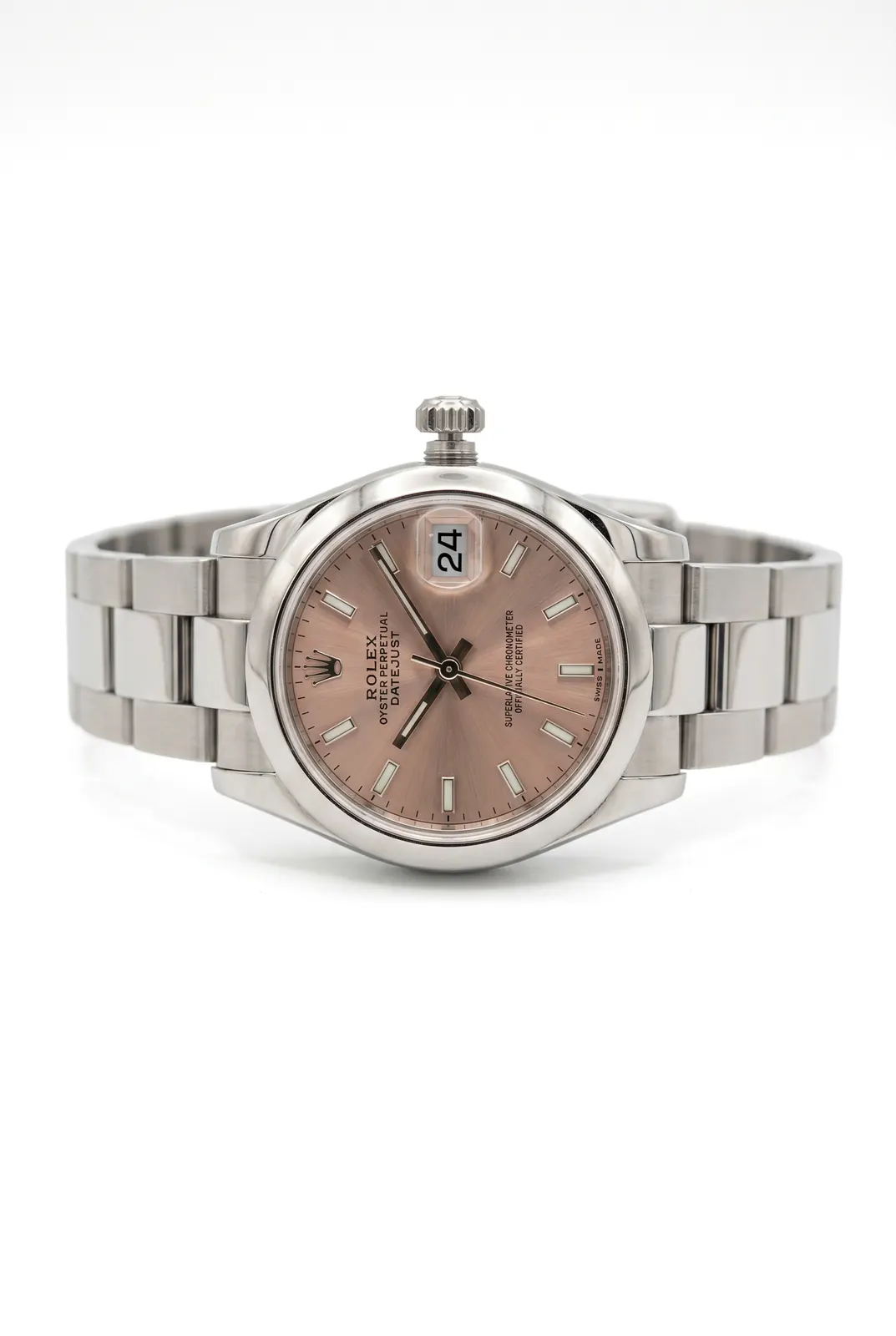Rolex Datejust 278240 de acero con dial rosa y brazalete de acero, vista frontal, relojería alta gama