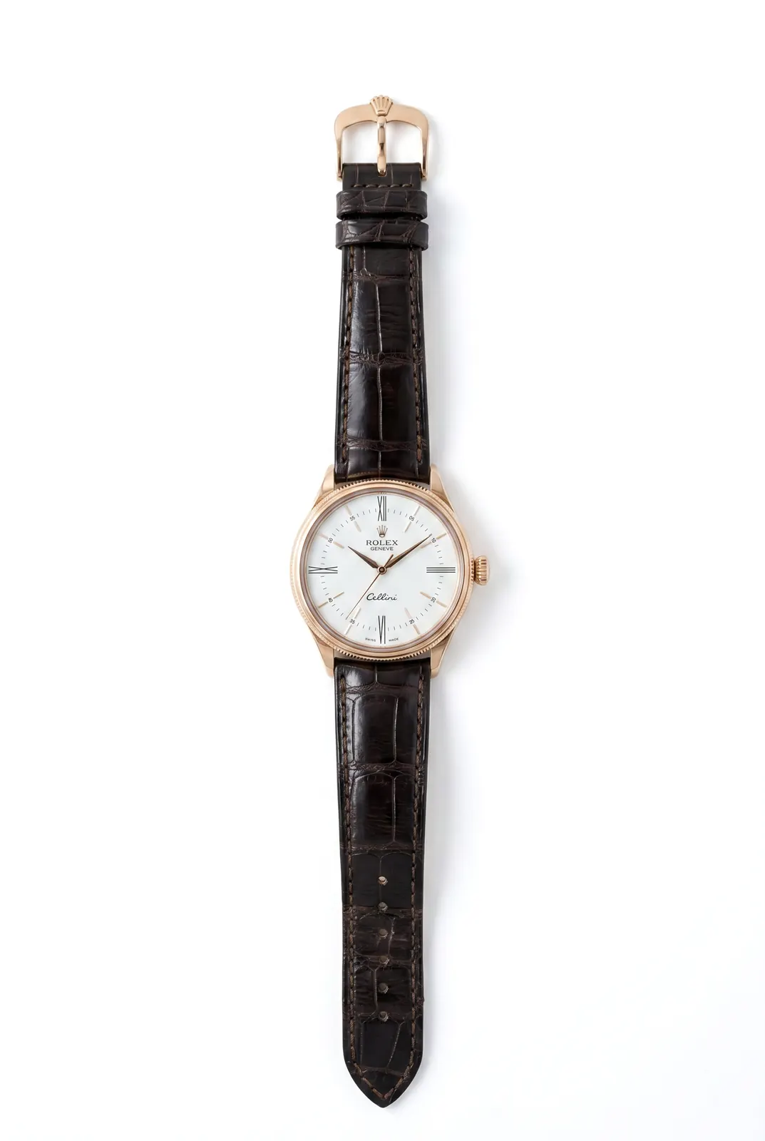 Rolex Cellini 50505 oro rosa con dial blanco y correa de cuero marrón, clásico de alta gama en relojeria Buenos Aires