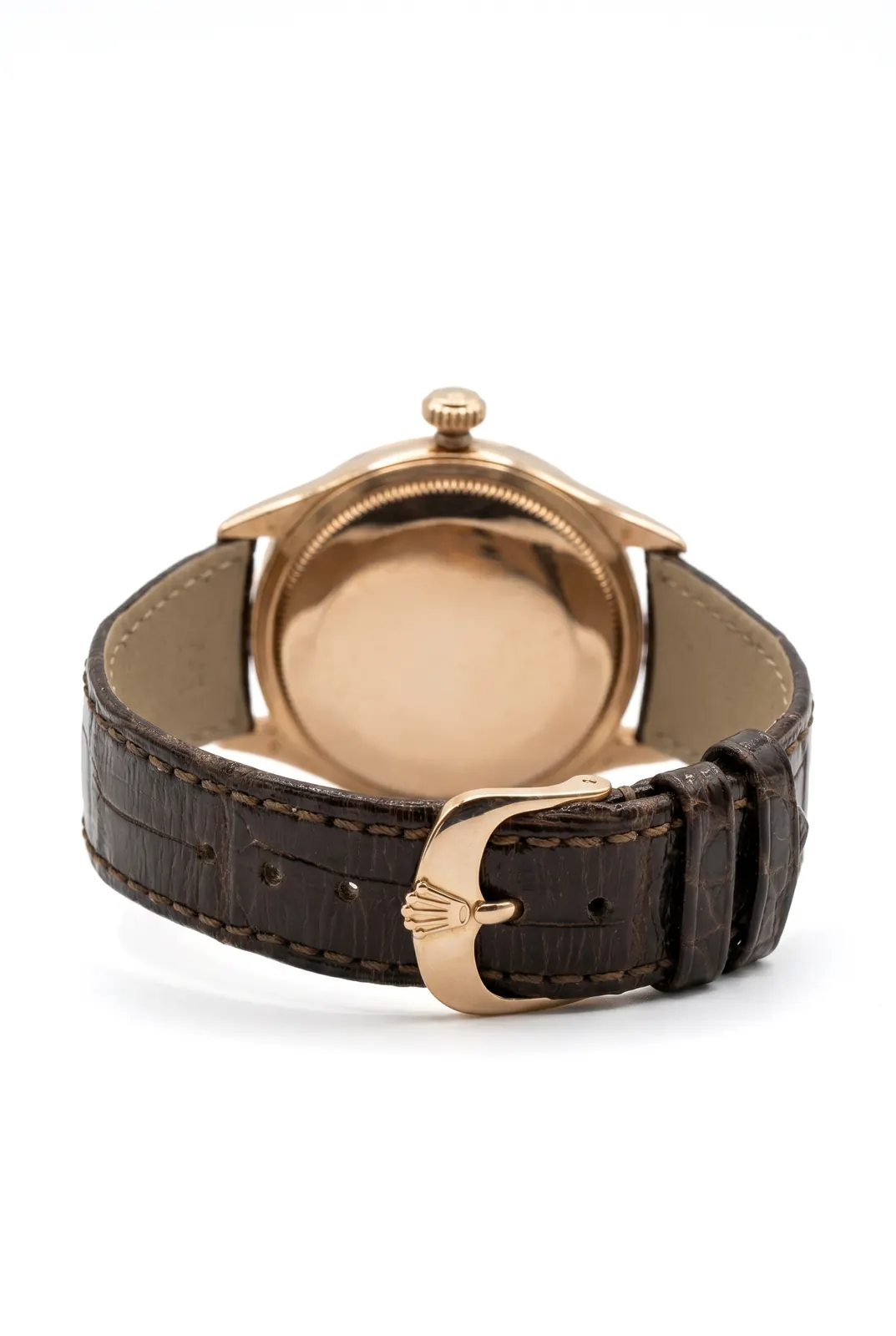 ROLEX Cellini 50505 oro rosa vista trasera con correa de cuero marrón y hebilla firmada, relojes alta gama en Buenos Aires