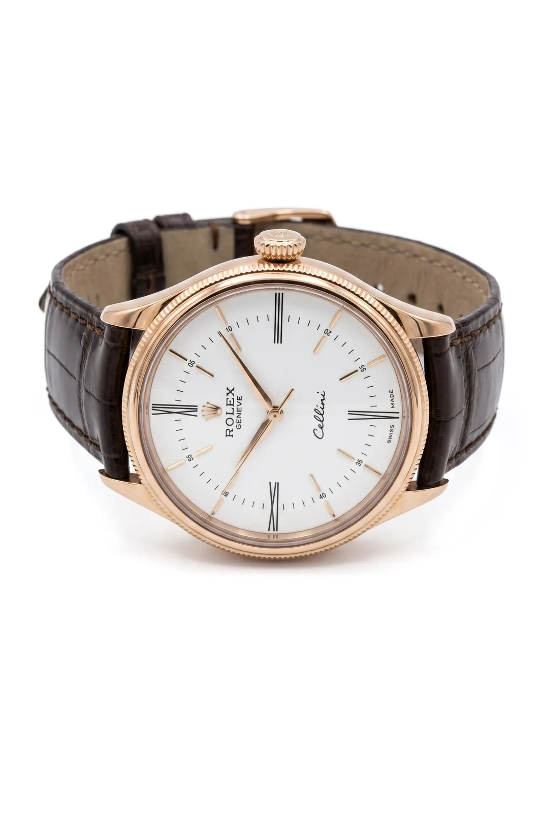 Rolex Cellini 50505 oro rosa con dial blanco y correa de cuero marrón, elegante reloj de alta gama en relojería Buenos Aires