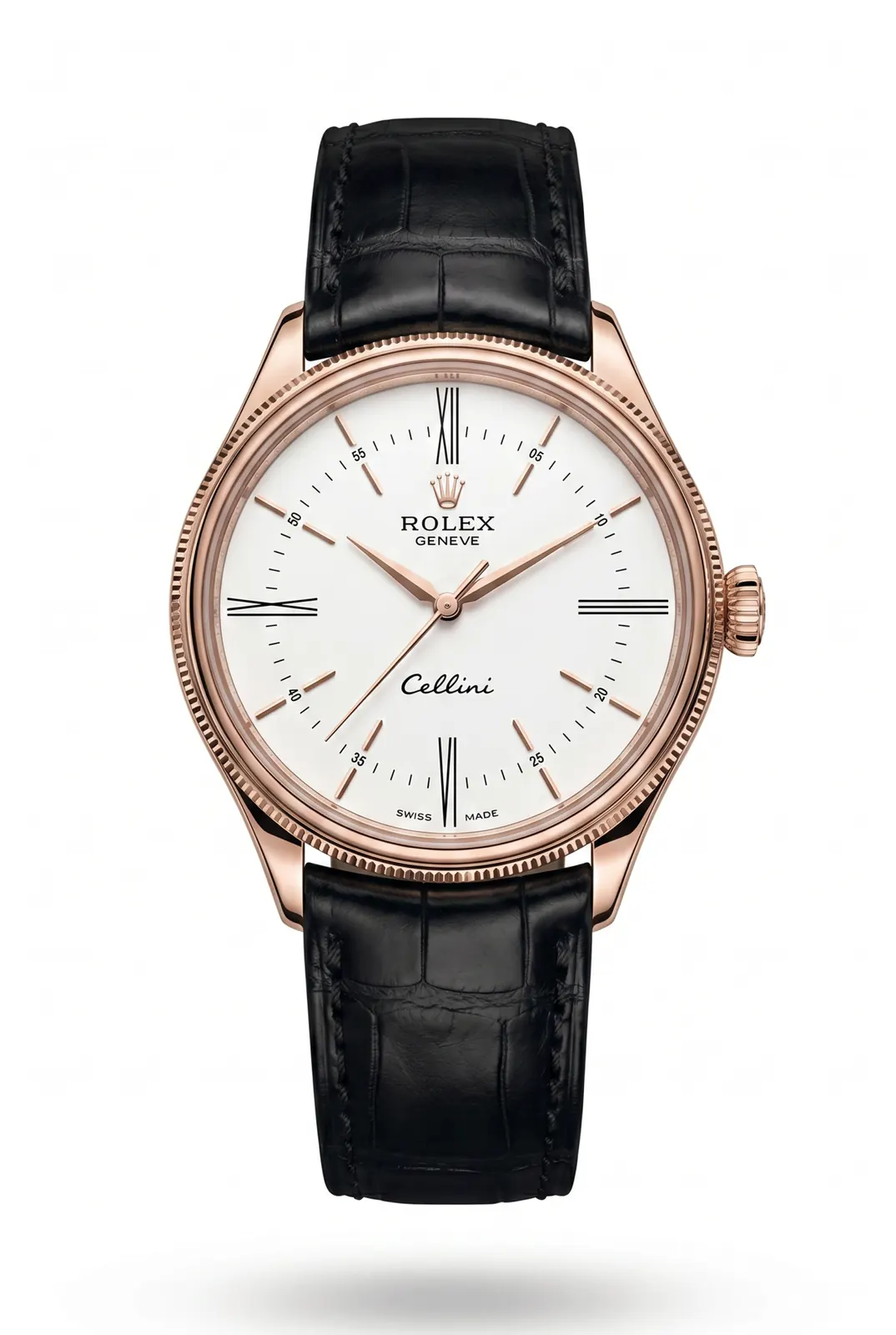 Rolex Cellini 50505 oro rosa con dial blanco y correa de cuero negro, elegante reloj de alta gama en relojería Buenos Aires