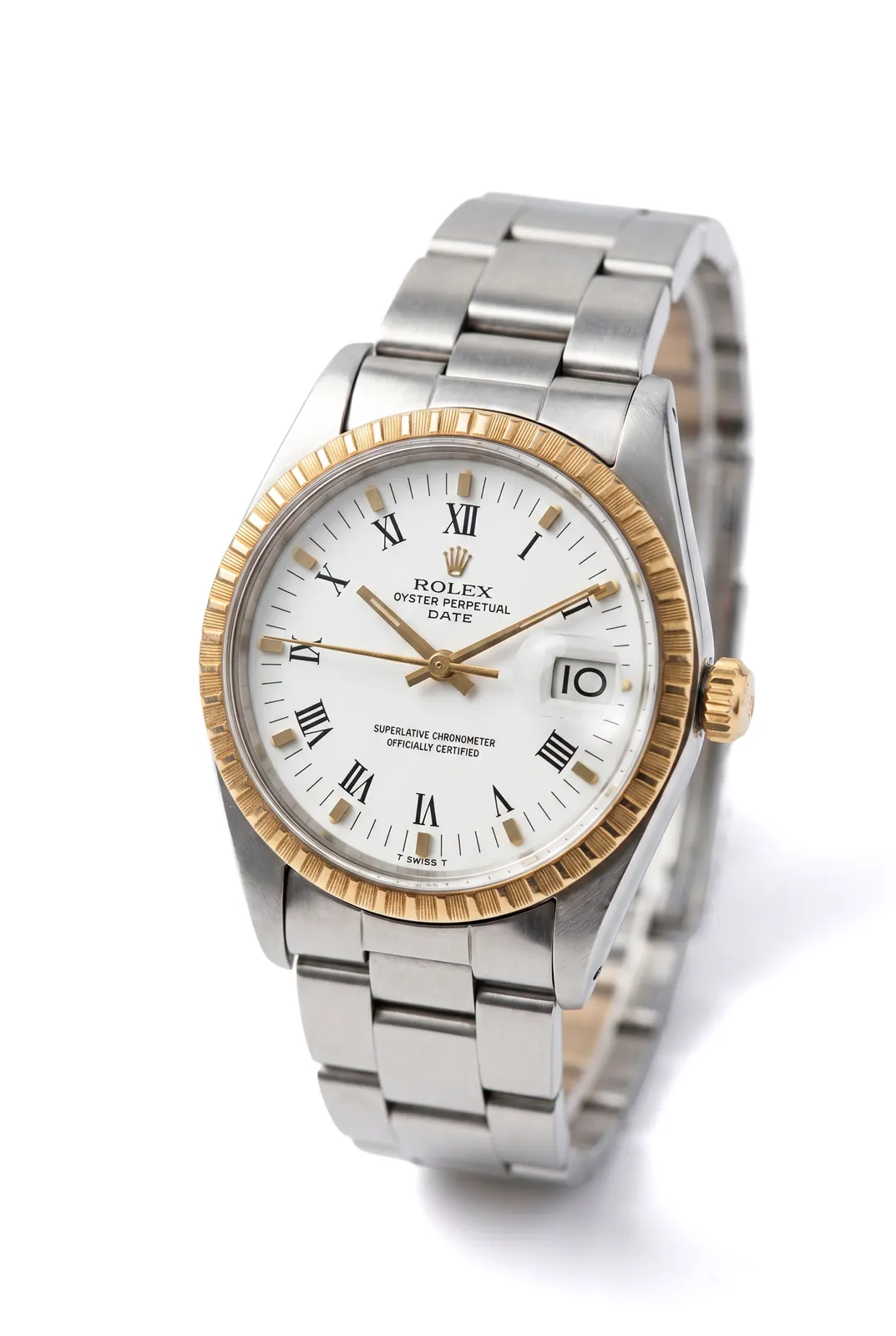 Rolex Date 1505 acero y oro amarillo, dial blanco con números romanos y brazalete de acero, relojes alta gama en Buenos Aires