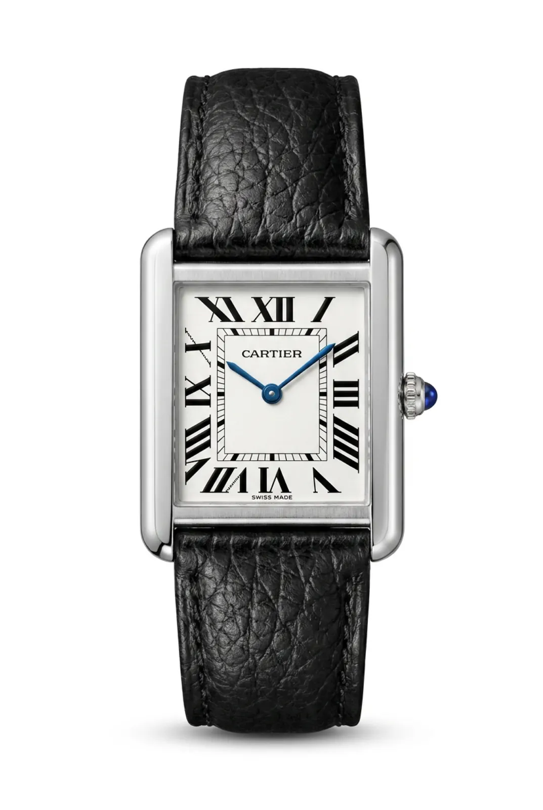 Vista frontal del reloj Cartier Tank WSTA0030 de acero, dial blanco y correa de cuero negro, alta gama Buenos Aires