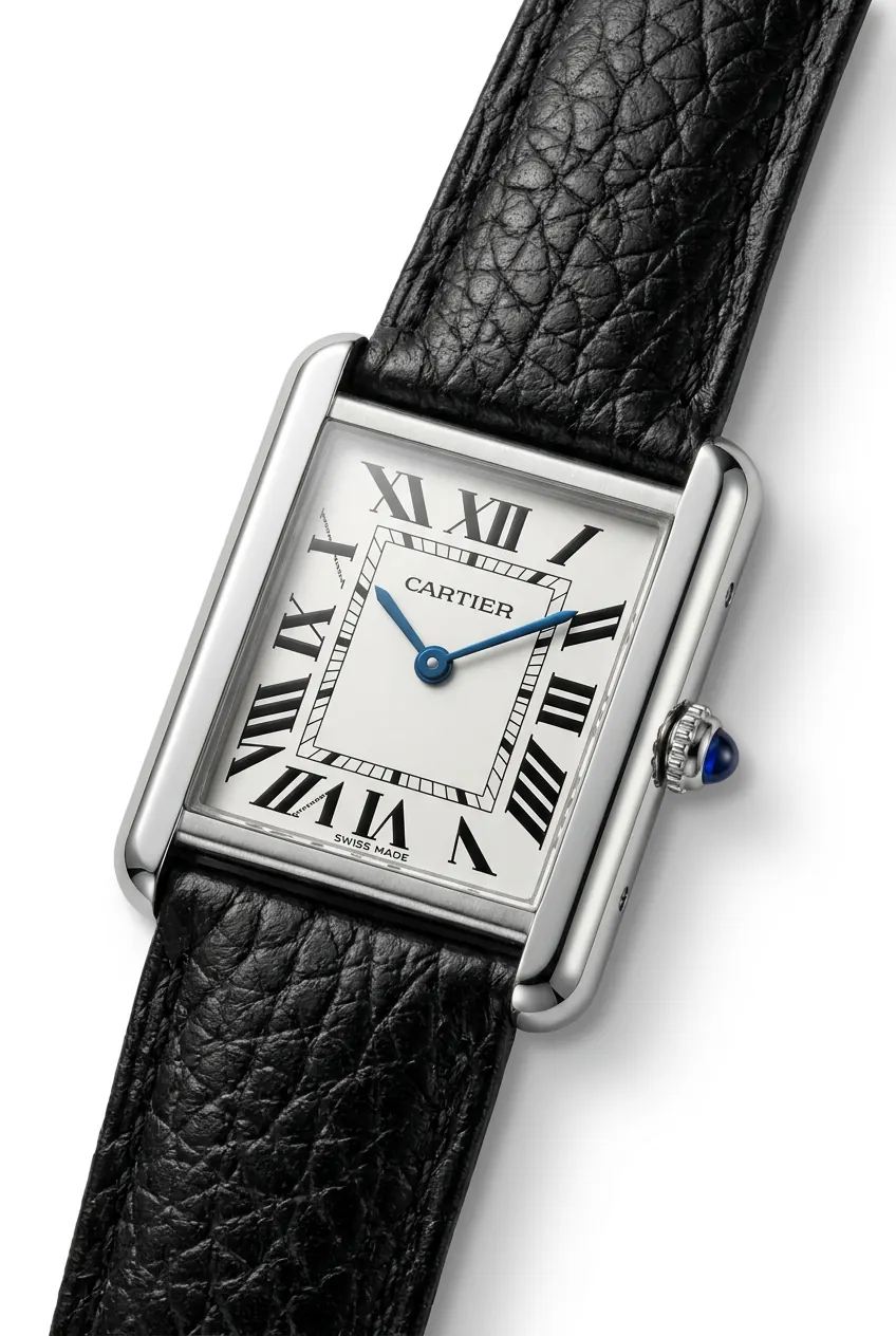 Cartier Tank WSTA0030 de acero, dial blanco y correa de cuero negro, vista frontal en relojería de alta gama