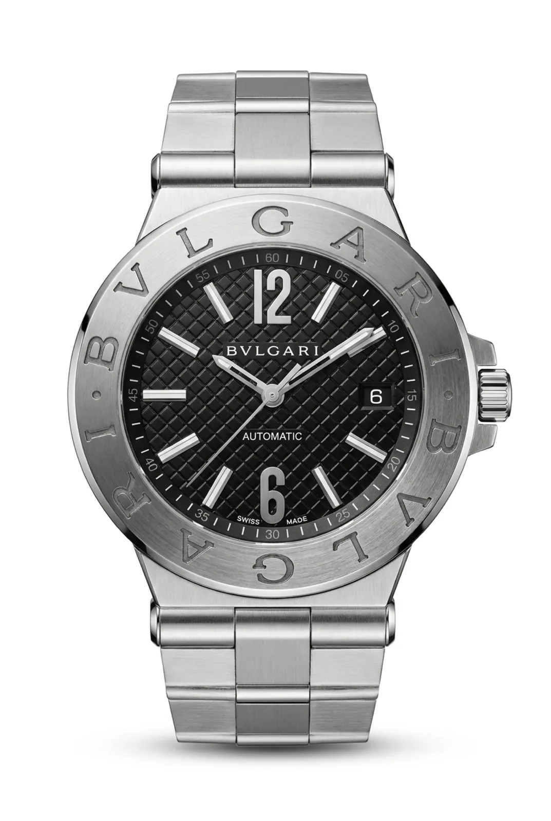 Bulgari Diagono DG 40 S de frente, acero y esfera negra, reloj de alta gama en Buenos Aires