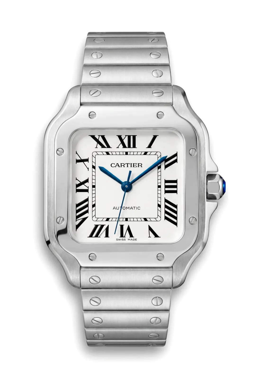 Cartier Santos WSSA0029 de frente, acero con brazalete de acero y dial blanco, reloj de alta gama en Buenos Aires