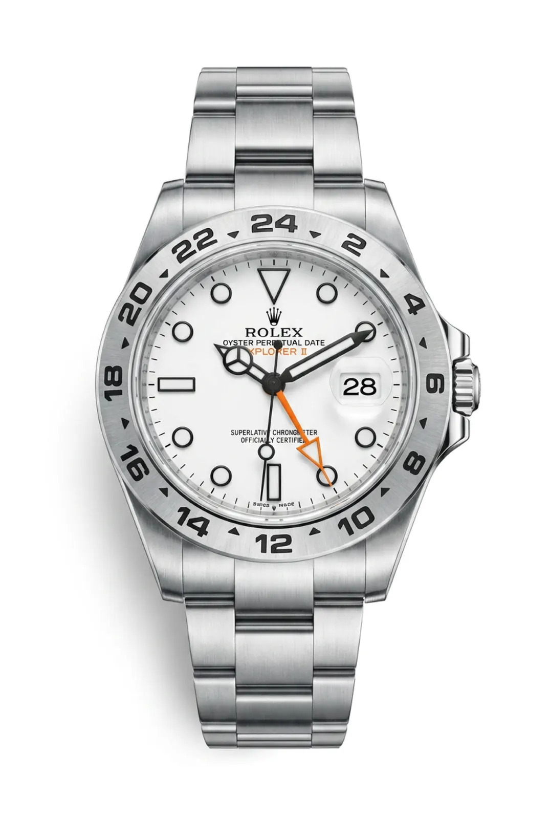 Rolex Explorer II 226570 de frente, acero con dial blanco y aguja naranja GMT, reloj de alta gama en Buenos Aires