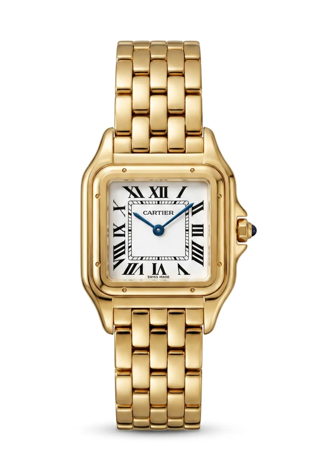 Cartier Panthère WGPN0008 de frente, oro amarillo y dial blanco con números romanos, reloj de alta gama