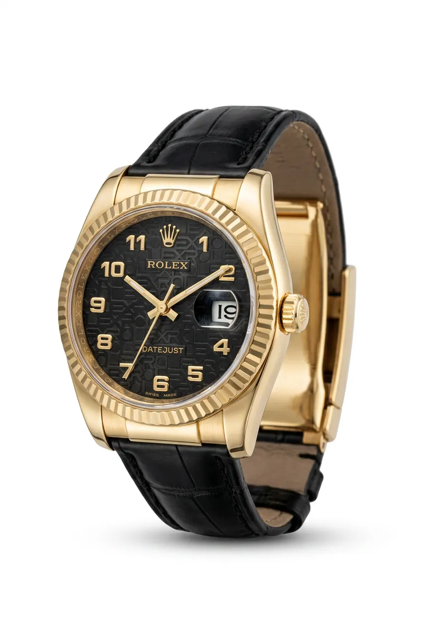 Rolex Datejust 116138 en oro amarillo, dial negro y correa de cuero, vista frontal en relojería de alta gama Buenos Aires