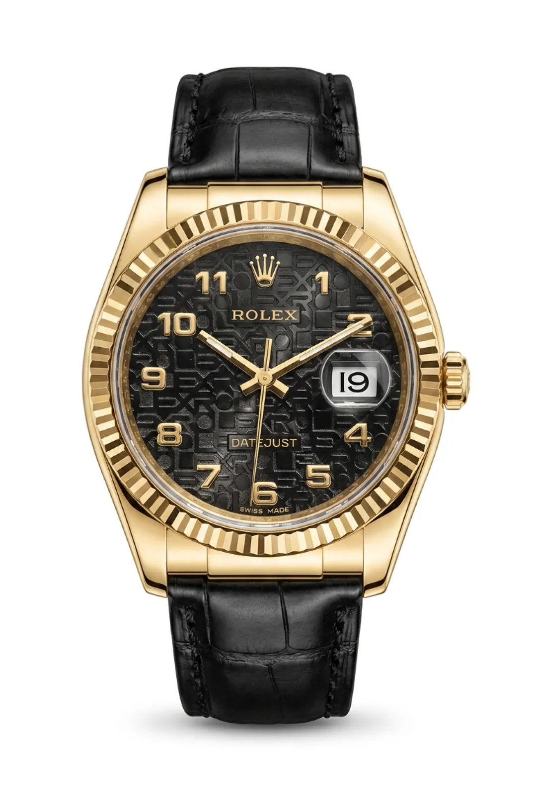Rolex Datejust 116138 de frente, oro amarillo, dial negro y correa de cuero, reloj de alta gama