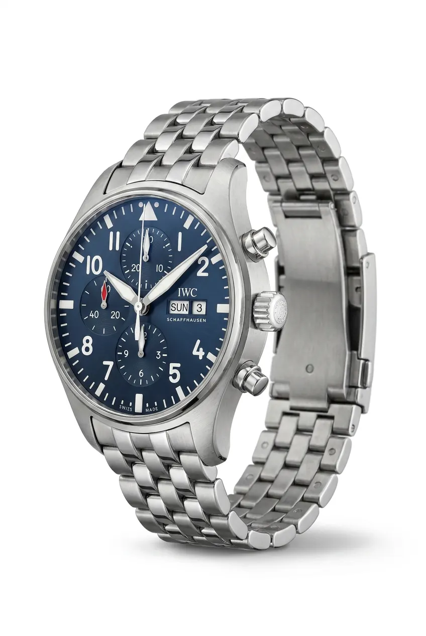 IWC Pilot IW377714 en acero, vista frontal en ángulo con dial azul y brazalete de acero, reloj de alta gama en Buenos Aires
