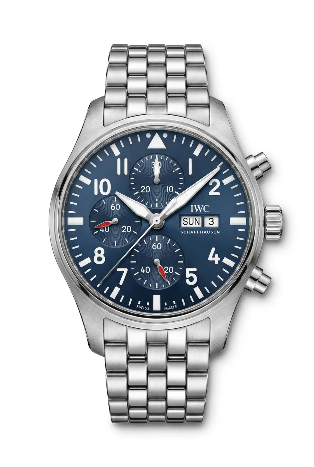 IWC Pilot IW377714 de frente, acero y dial azul con cronógrafo y brazalete de acero, reloj de alta gama