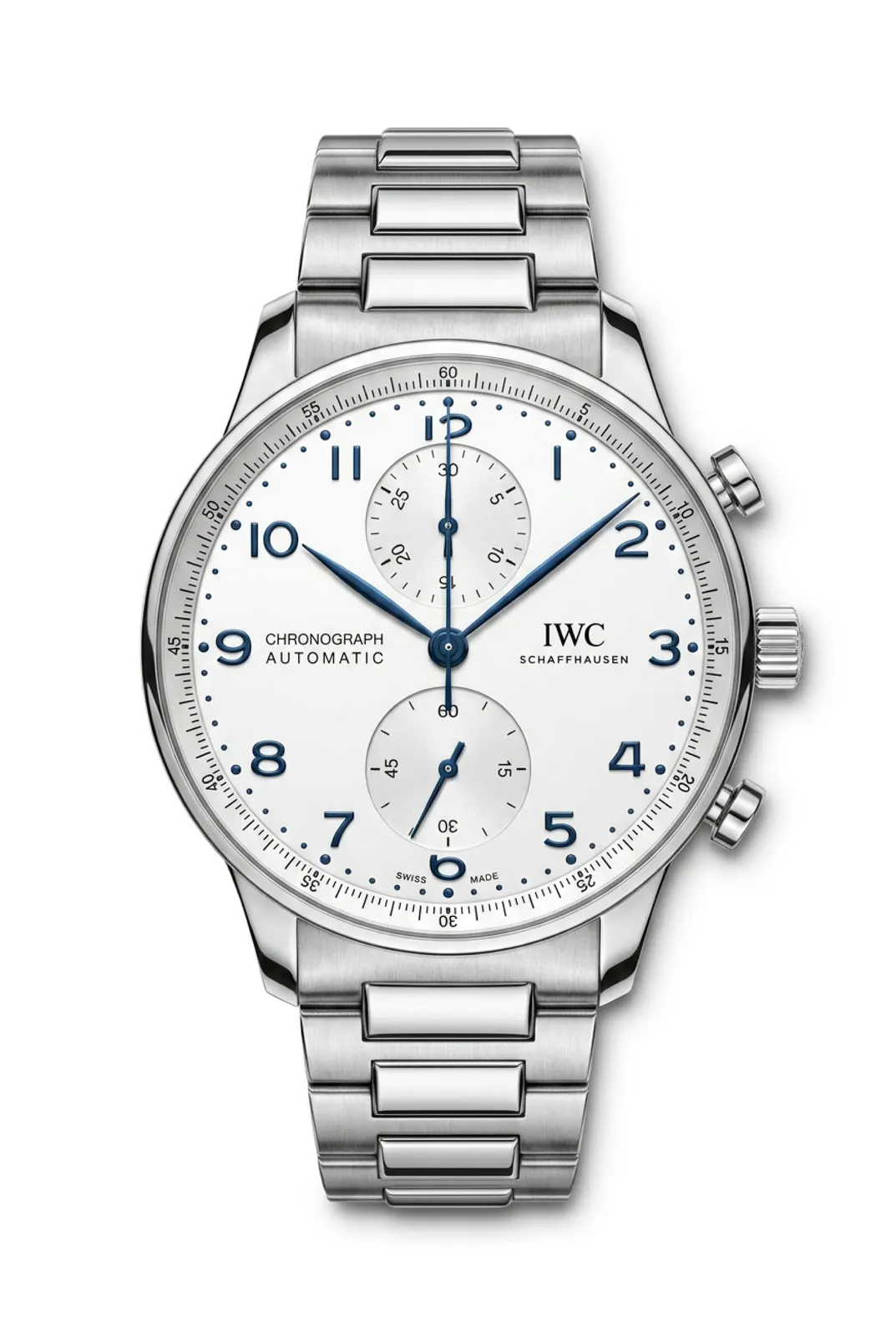 IWC Portugieser IW371617 de frente, cronógrafo de acero con dial blanco y agujas azules, reloj de alta gama