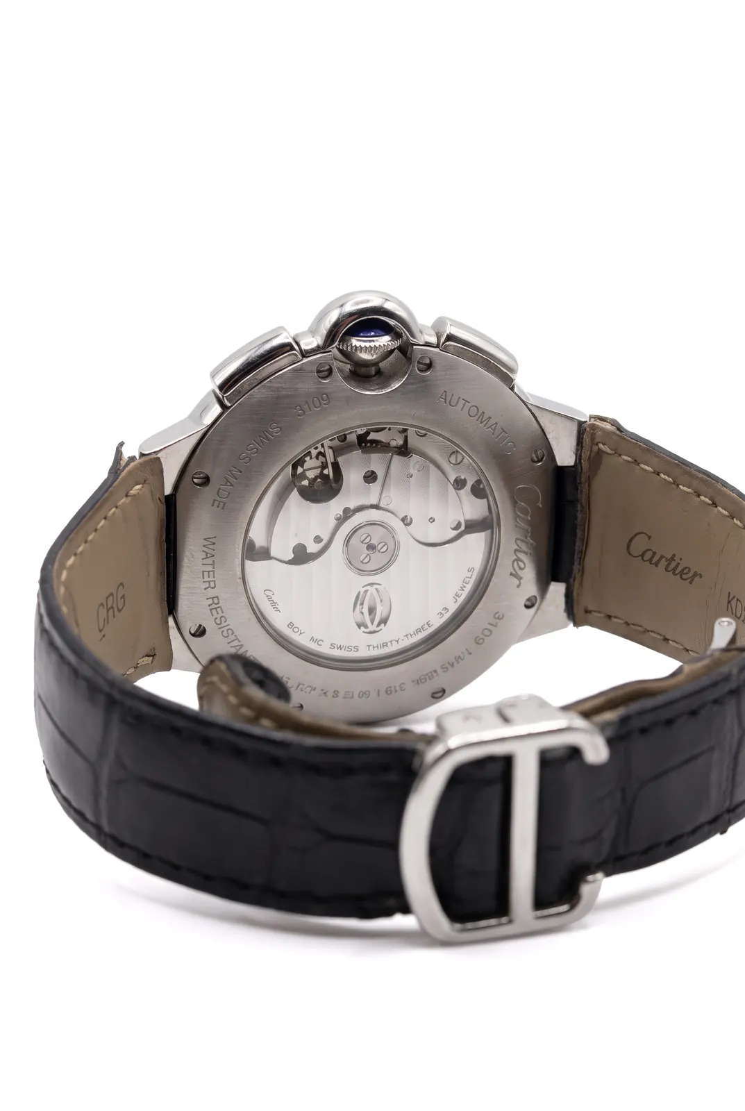 Cartier Ballon Bleu W6920003, vista trasera con mecanismo automático y correa de cuero, reloj de alta gama