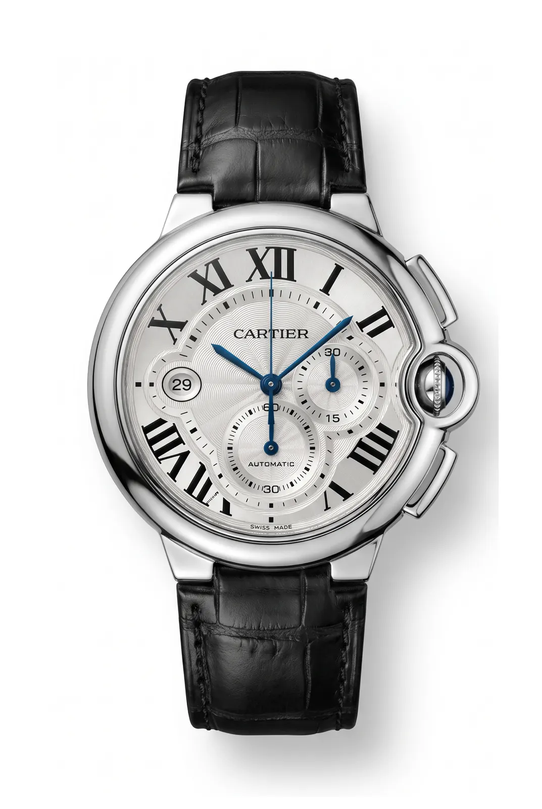 Cartier Ballon Bleu W6920003 de frente, caja de acero, dial blanco y correa de cuero negro, reloj de alta gama