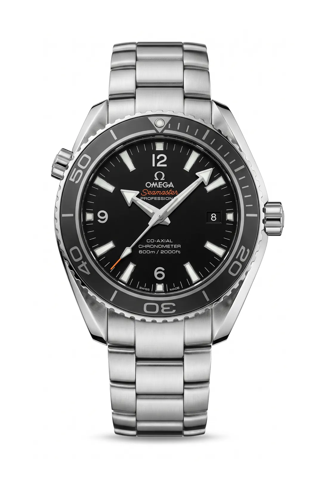 OMEGA Seamaster de frente, acero con brazalete, dial negro y bisel de buceo, reloj de alta gama en Buenos Aires