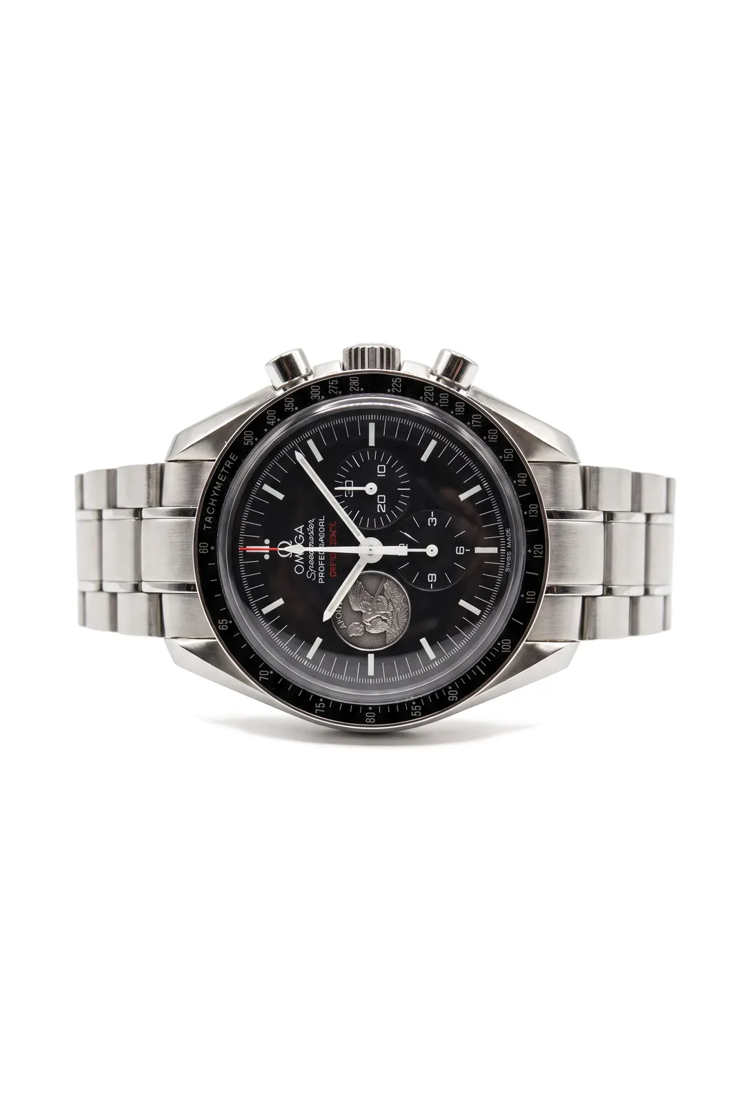 OMEGA Speedmaster 311.30.42.30.01.002 de frente, dial negro y brazalete de acero, reloj de alta gama en Buenos Aires