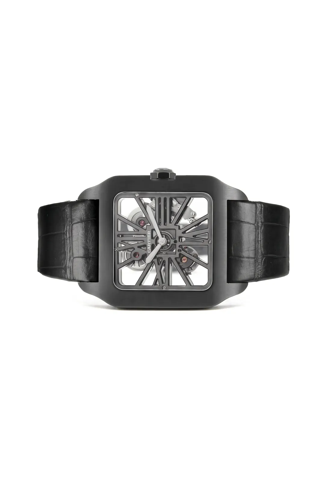 Cartier Santos W2020052 de acero, vista frontal con dial skeleton y correa de cuero negro, reloj de alta gama