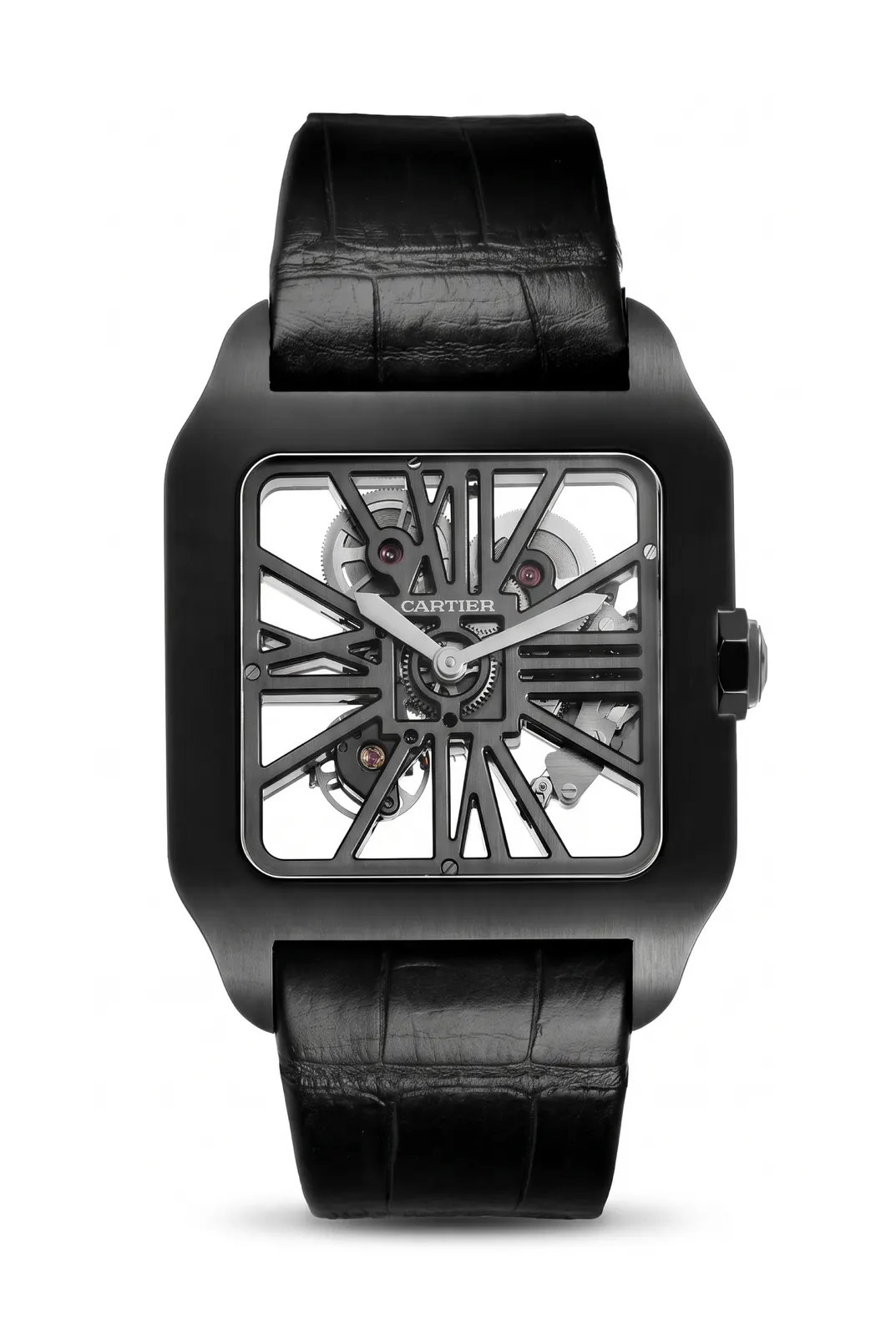 Cartier Santos W2020052 de frente, caja de acero, dial Skeleton y correa de cuero negro, reloj de alta gama