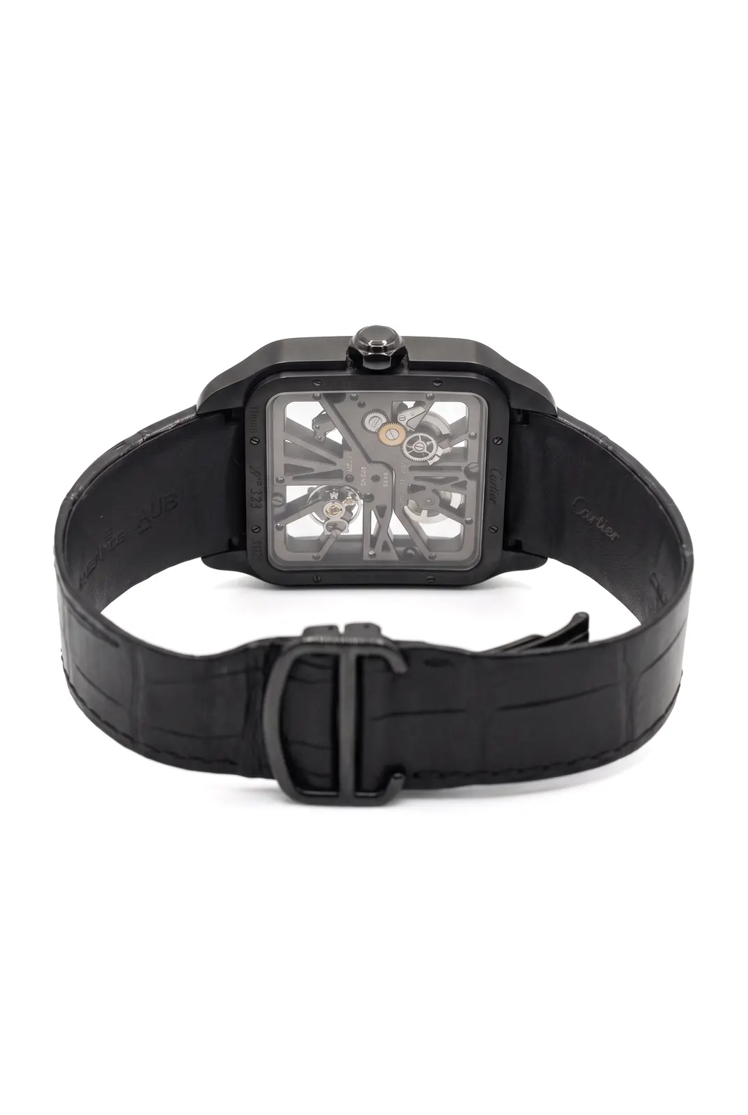 Cartier Santos W2020052 vista trasera, caja de acero negra, mecanismo skeleton y correa de cuero, reloj de alta gama