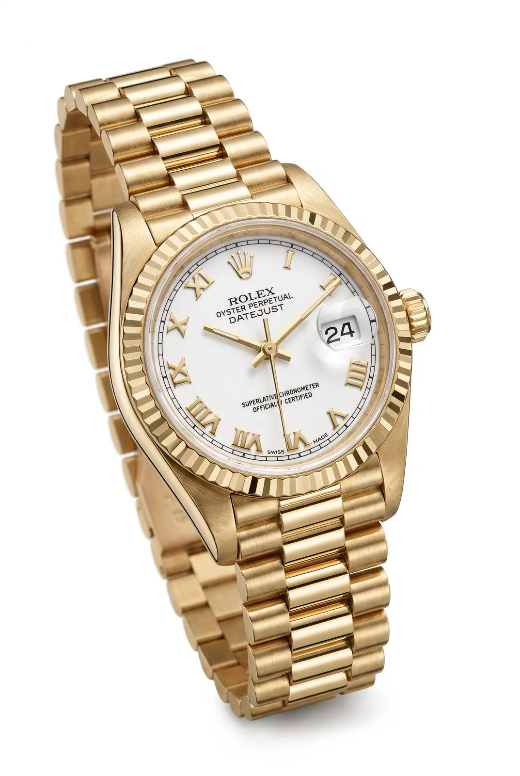 Rolex Datejust 6917 en oro amarillo, dial blanco y brazalete dorado, reloj de alta gama en vista frontal inclinada