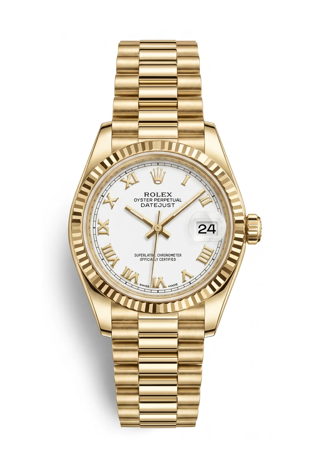 Rolex Datejust 6917 de frente, oro amarillo, dial blanco y brazalete dorado, reloj de alta gama en Buenos Aires
