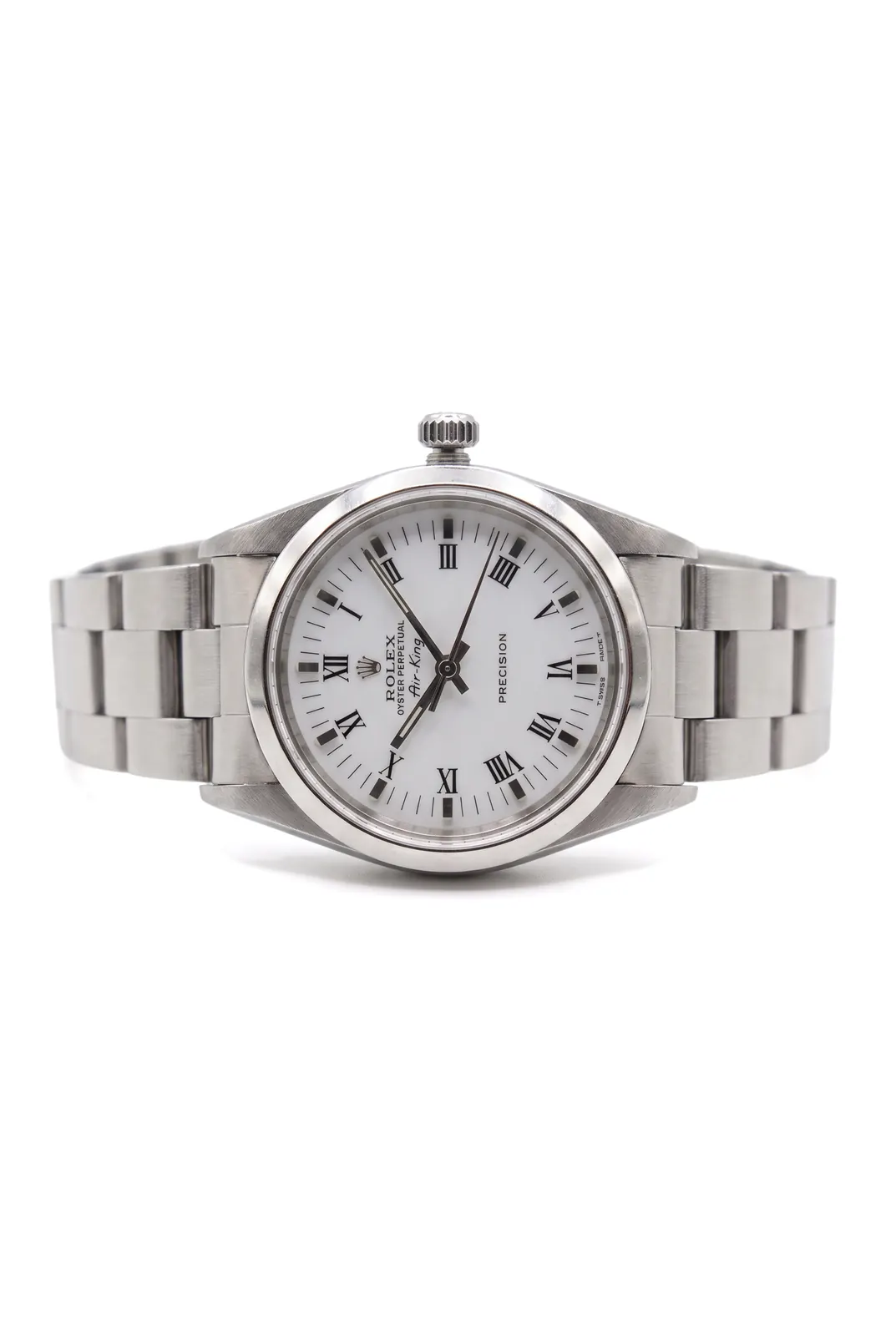 Rolex Air King 14000 de acero, vista frontal con dial blanco y números romanos, reloj de alta gama en Buenos Aires