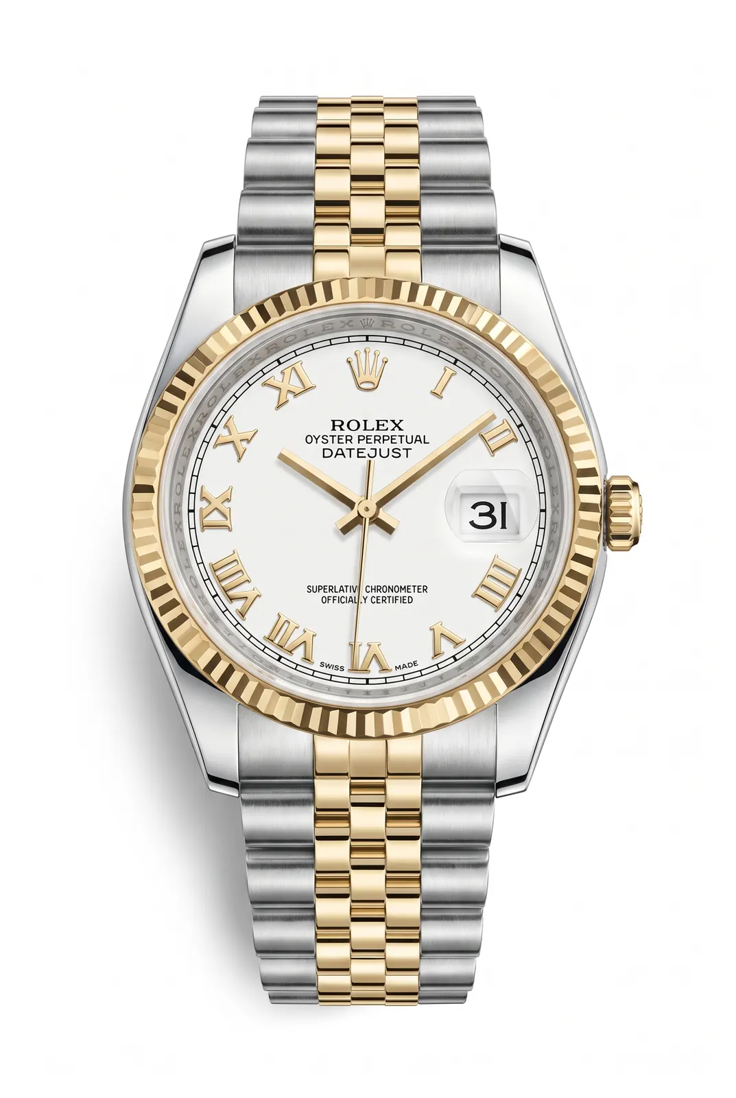 Rolex Datejust 116233 de frente, acero y oro amarillo, dial blanco y brazalete bicolor, reloj de alta gama en Buenos Aires